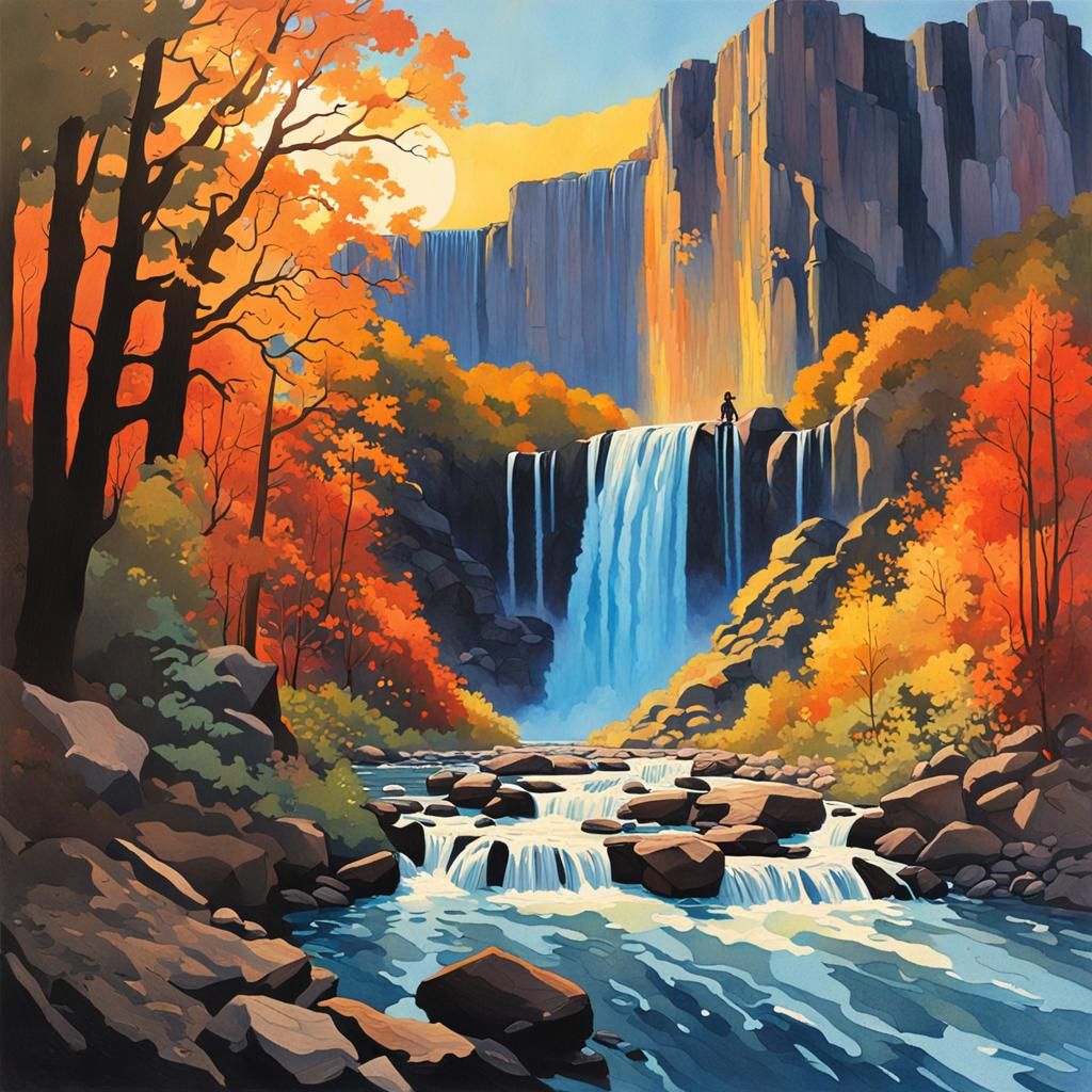 Hyperrealistic Waterfall Art in Gouache Style