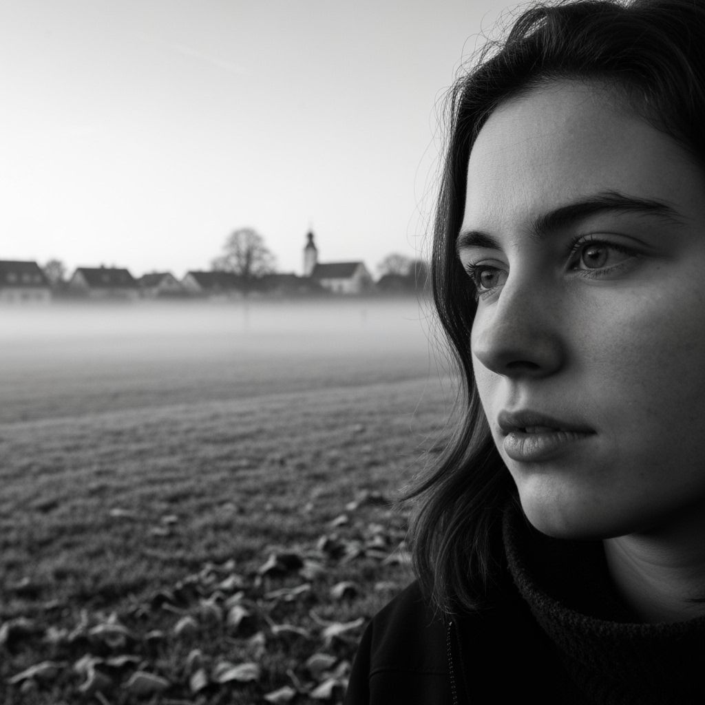 Thoughtful Woman in Frosty Dawn Landscape