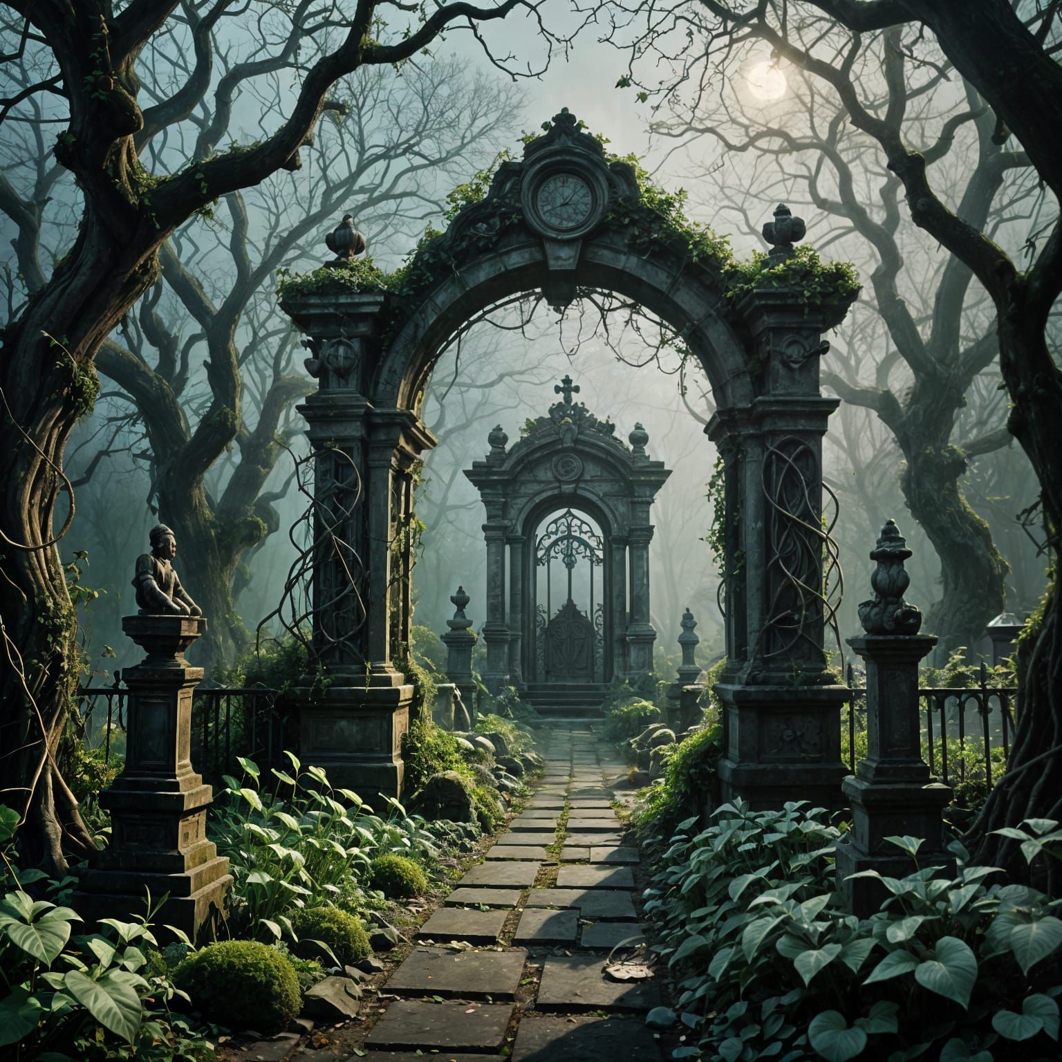Moonlit Abandoned Garden with Gothic Elegance