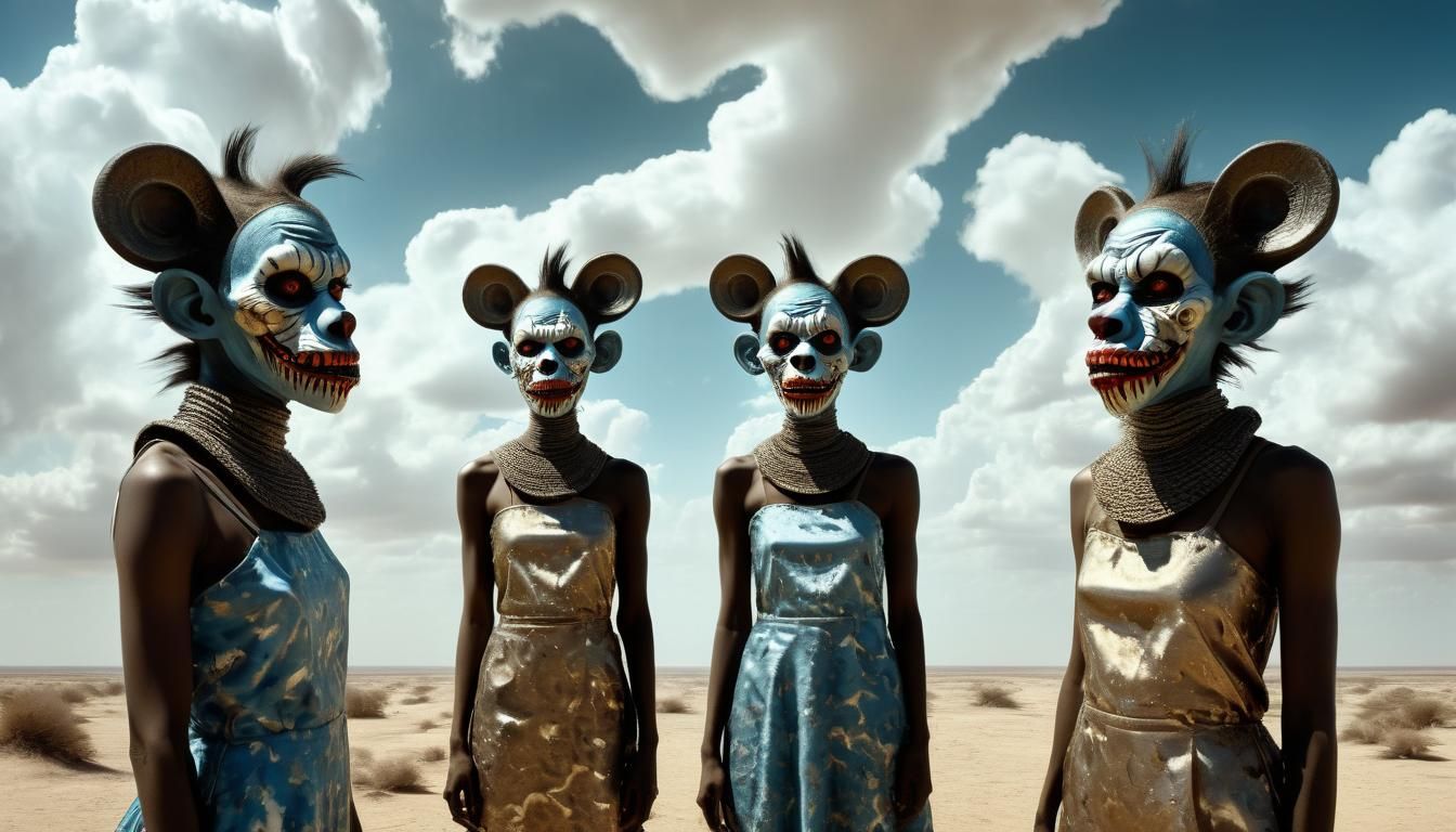 Surreal Women with Jackal Masks and Shattered Reflections