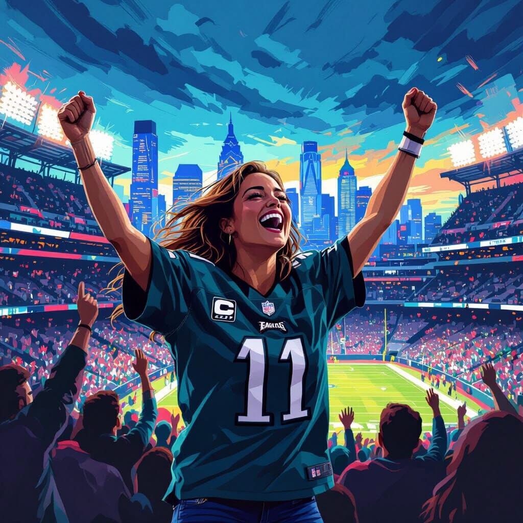 Eagles Fan Cheers at Stadium with Philadelphia Skyline