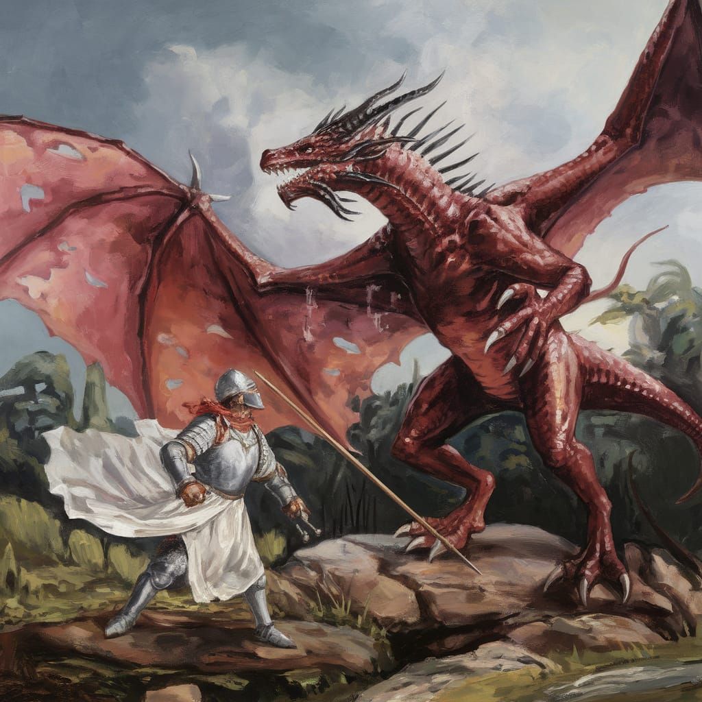 Epic Battle of Heroic Knight and Majestic Dragon in Vibrant ...