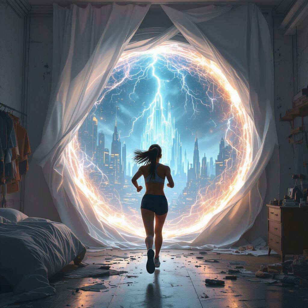 Woman Running Through Galaxy Portal to Futuristic City
