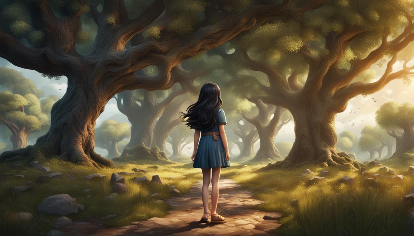 Girl Before Oak Trees: Matte Painting in 8k