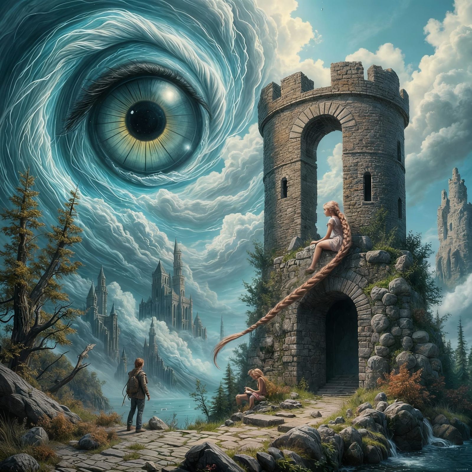 Fantasy Girl in Ruined Tower, Watched by Giant Eye