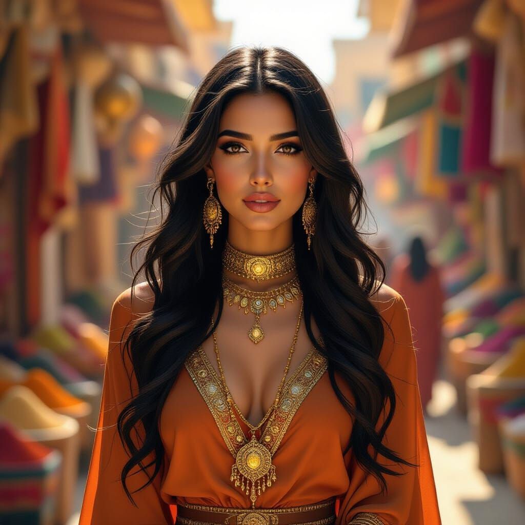 Arabian Woman in Spice Market, Hyperrealistic Digital Painti...