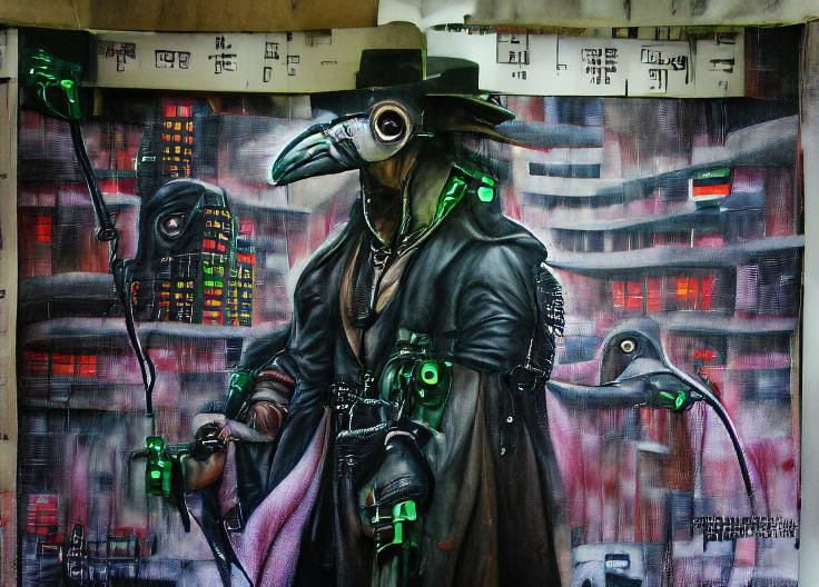 Cyberpunk Plague Doctor in Neon Cityscape