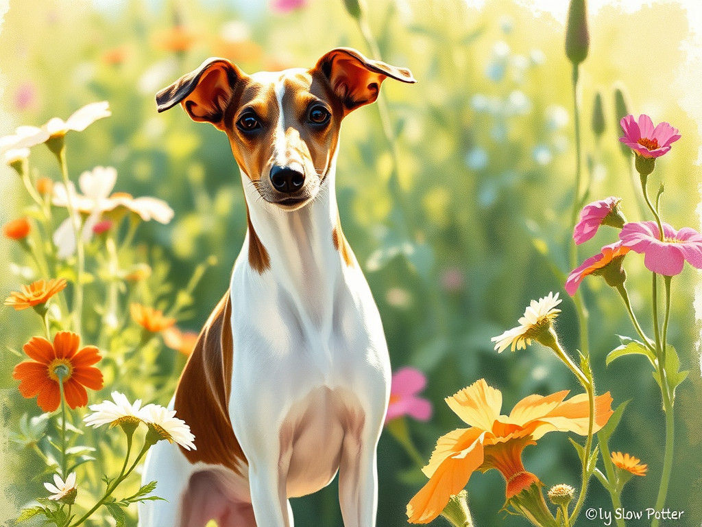 Miniature Whippet Dog in Impressionist Garden Setting