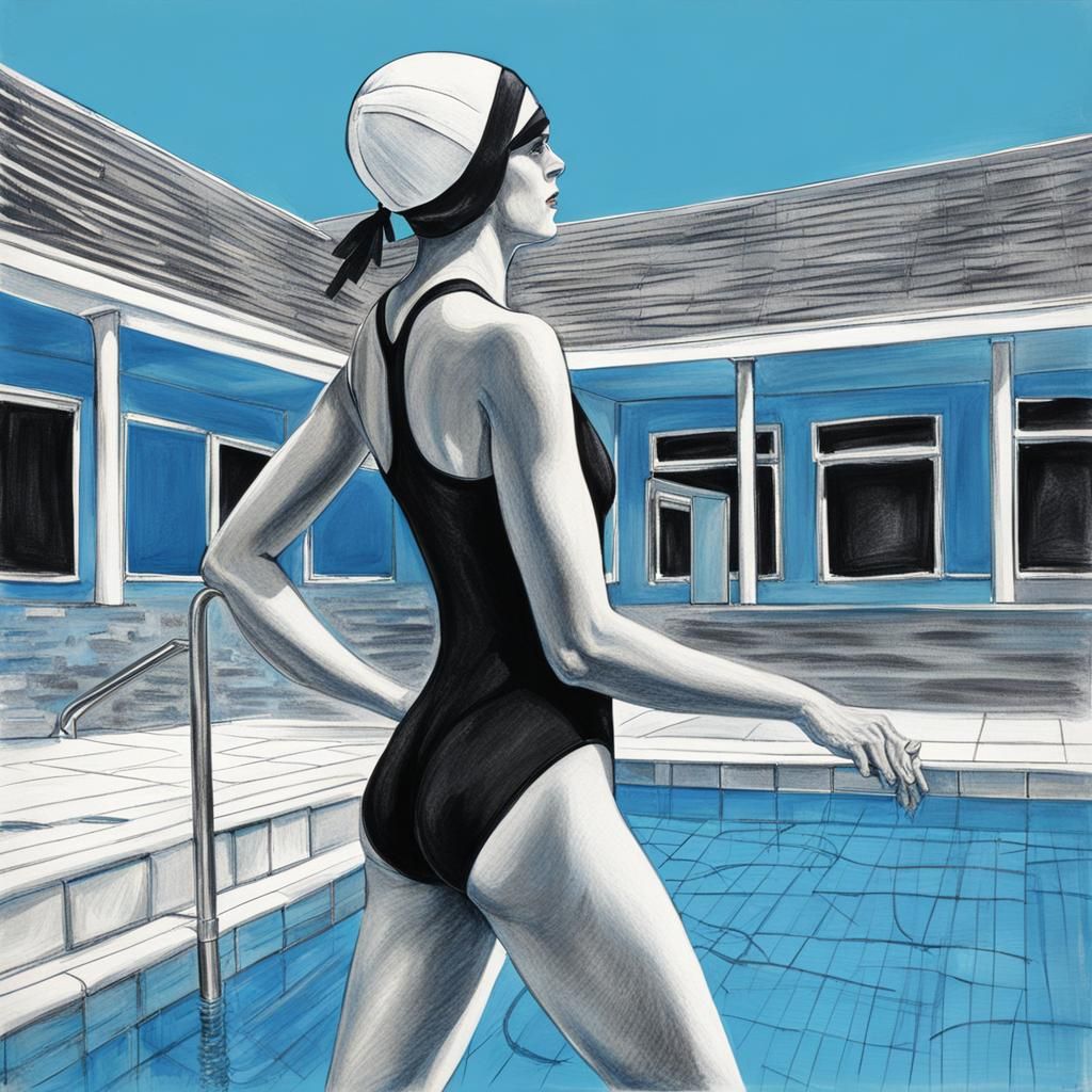 Woman on Springboard in Charcoal Drawing