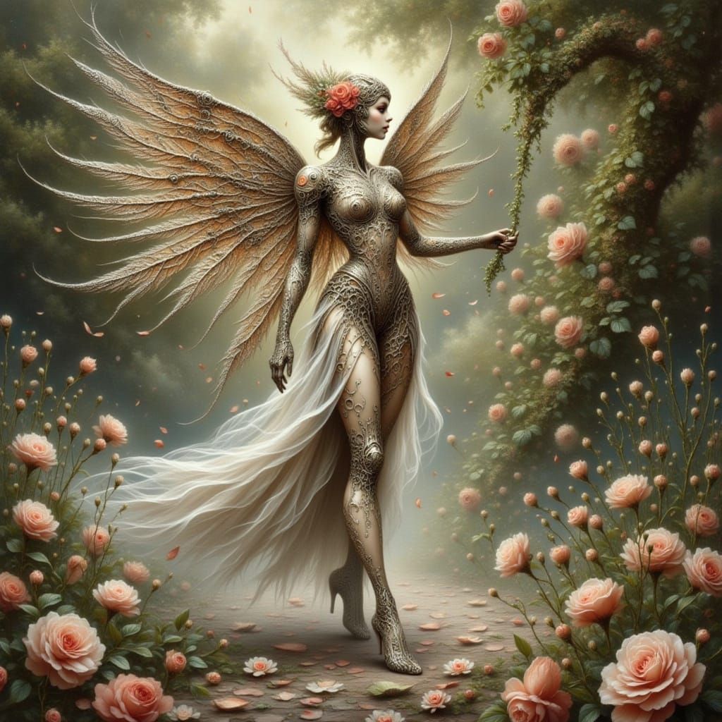 Elf Cyborg Robot with Floral Metal Body in Anime Style