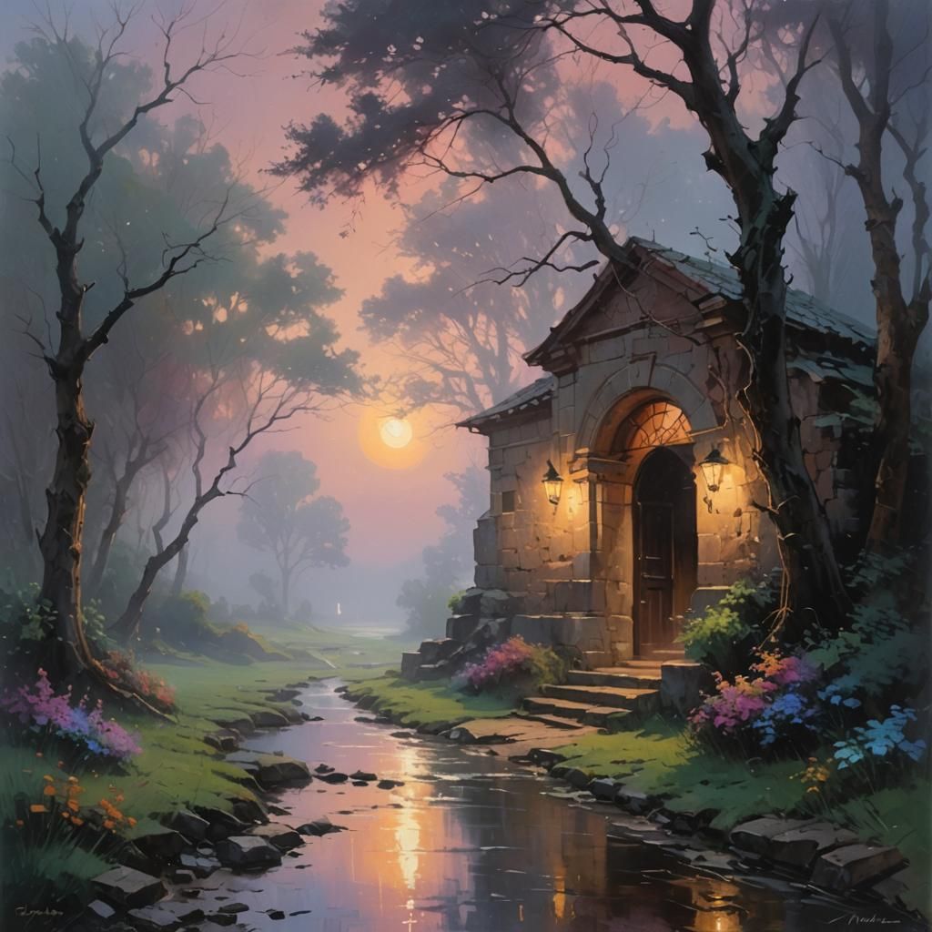 Moonlit Portal in Mist: Pastel Colors and Volumetric Lightin...