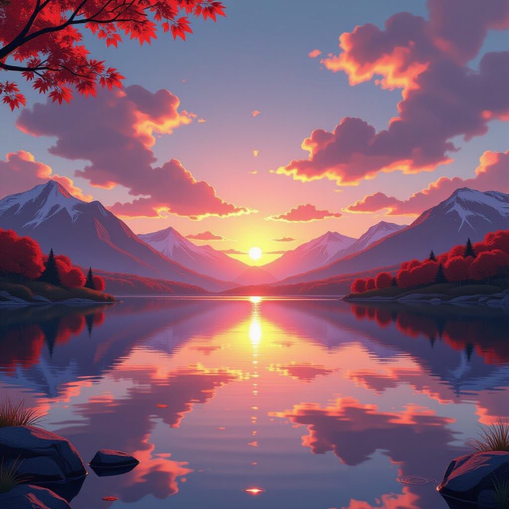 Anime Autumn Lake Sunset in 3D Render