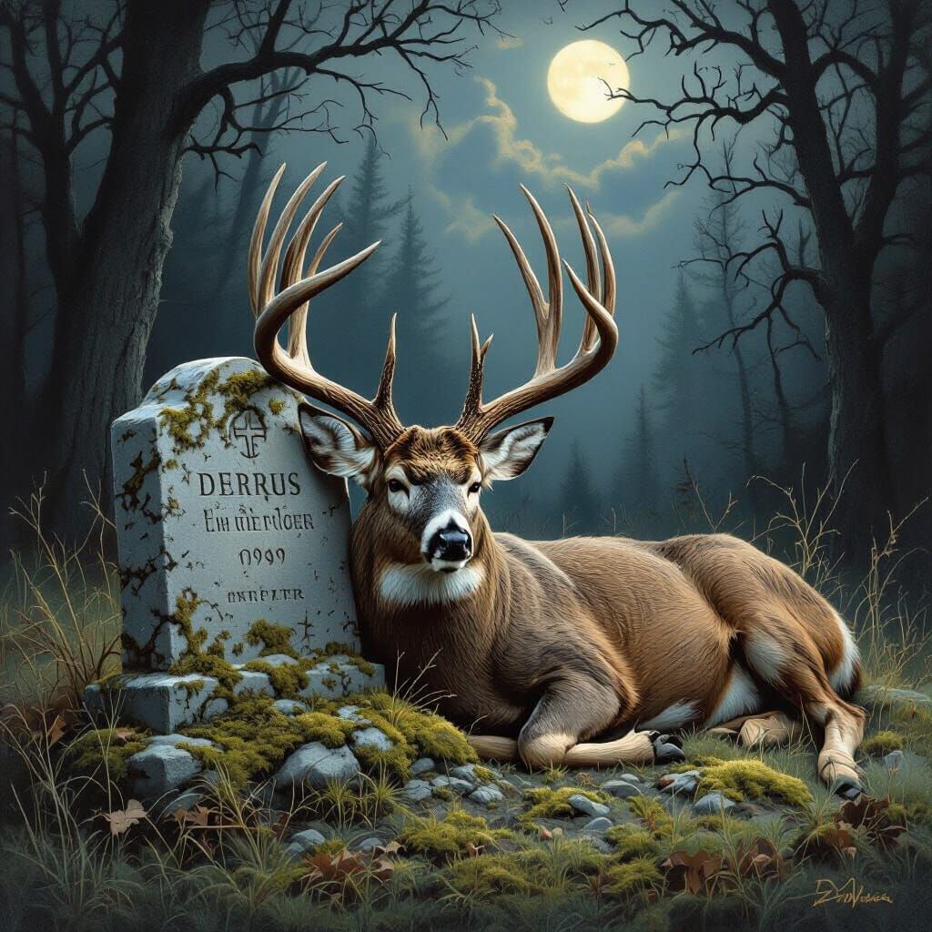 Whitetail Buck Rests at Hunter's Grave in Moonlit Forest