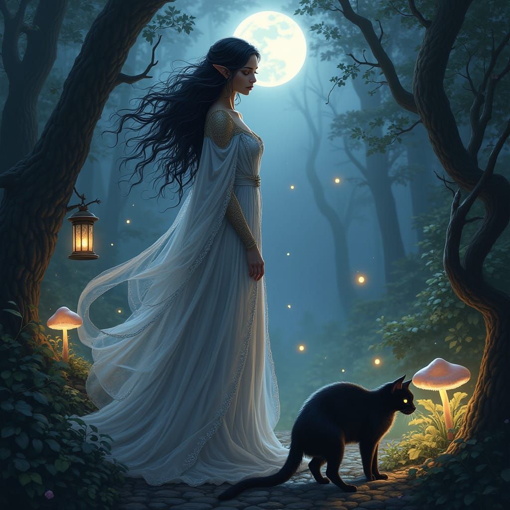 Mystical Elf Druidess in Moonlit Forest Glade