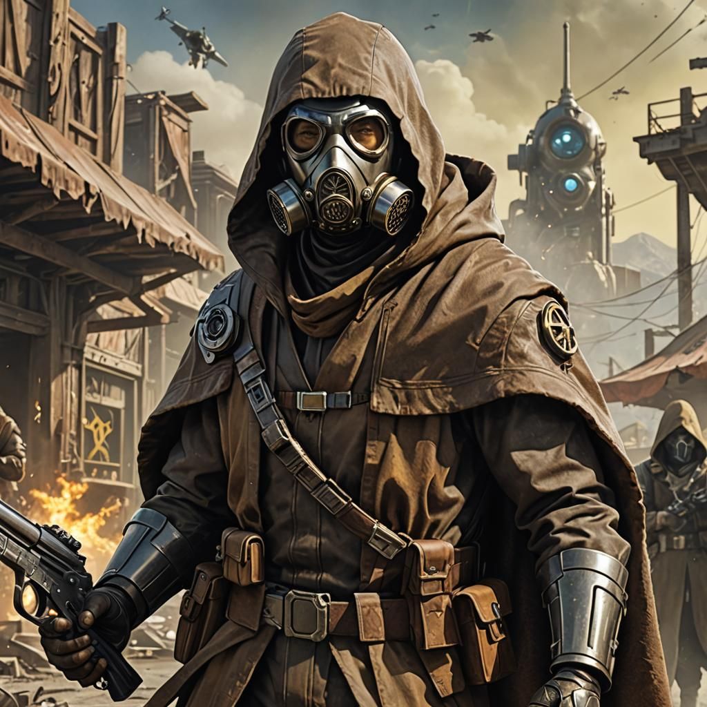 Costumed Figure with Weapons in Futuristic Gas Mask