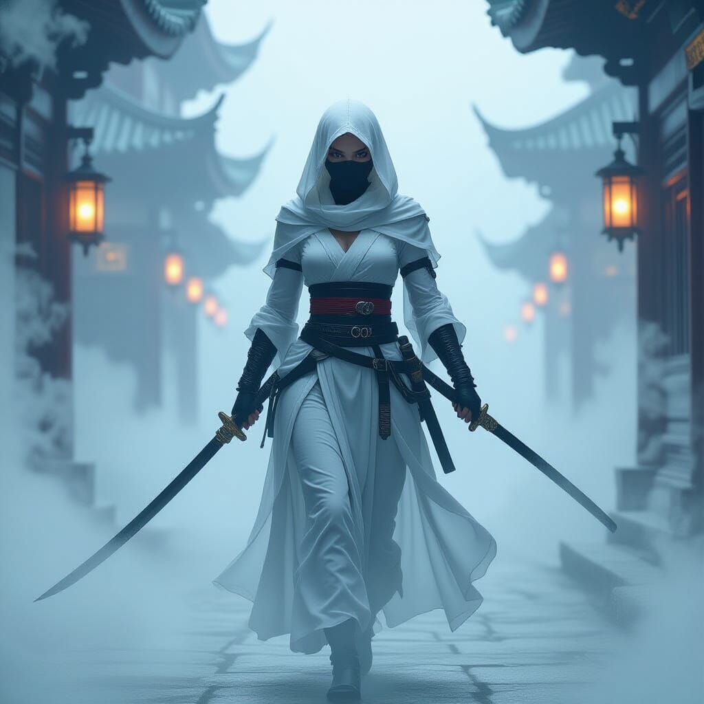 Ethereal Female Ninja Emerges From Hazy Mist