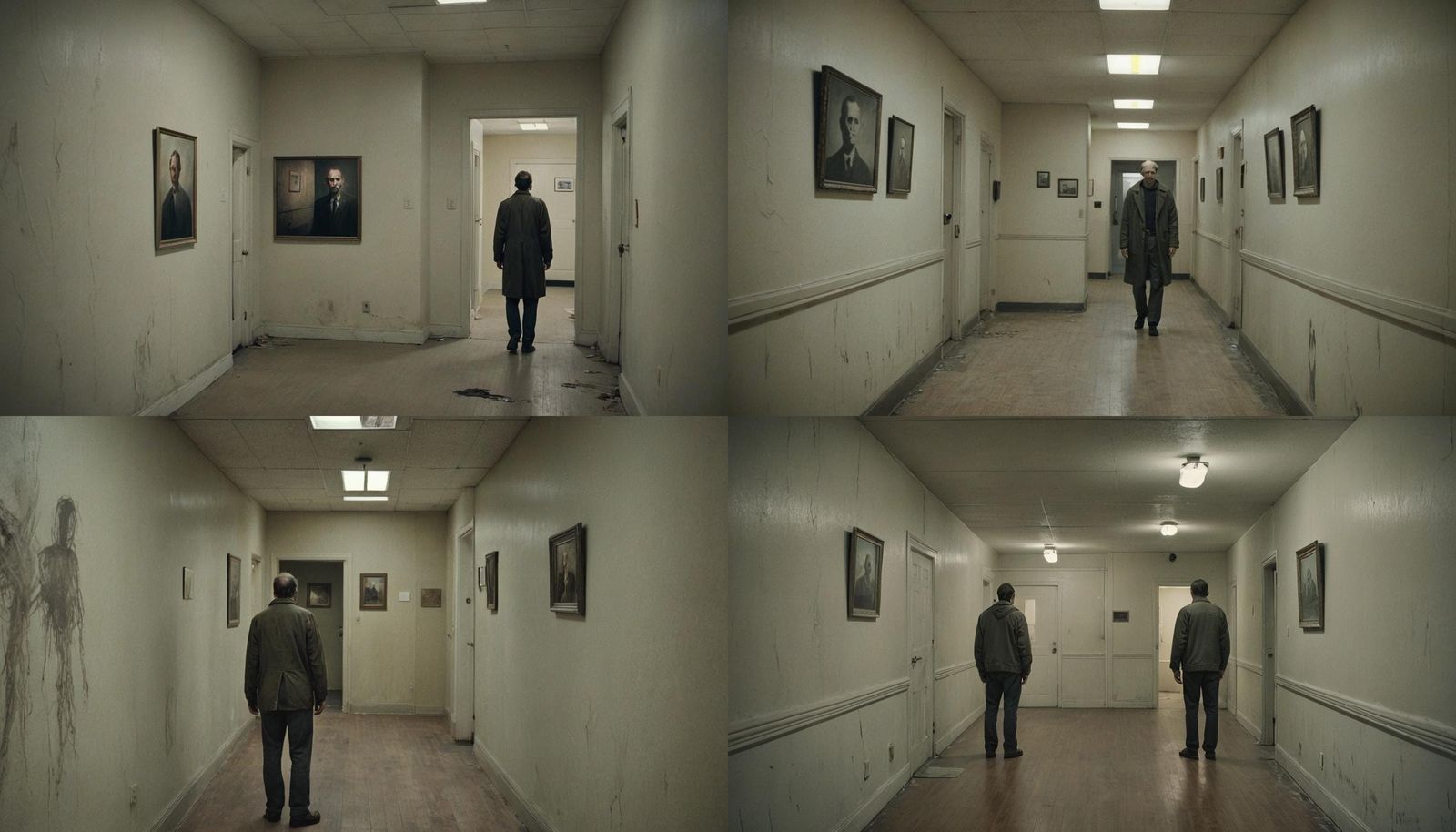 Resinotype photo of a man stands in a hallway adorned with a Stanley Twardowicz painting, invoking a haunting, inspired ...
