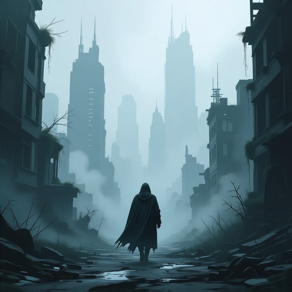Post-Apocalyptic Figure in Misty Cityscape