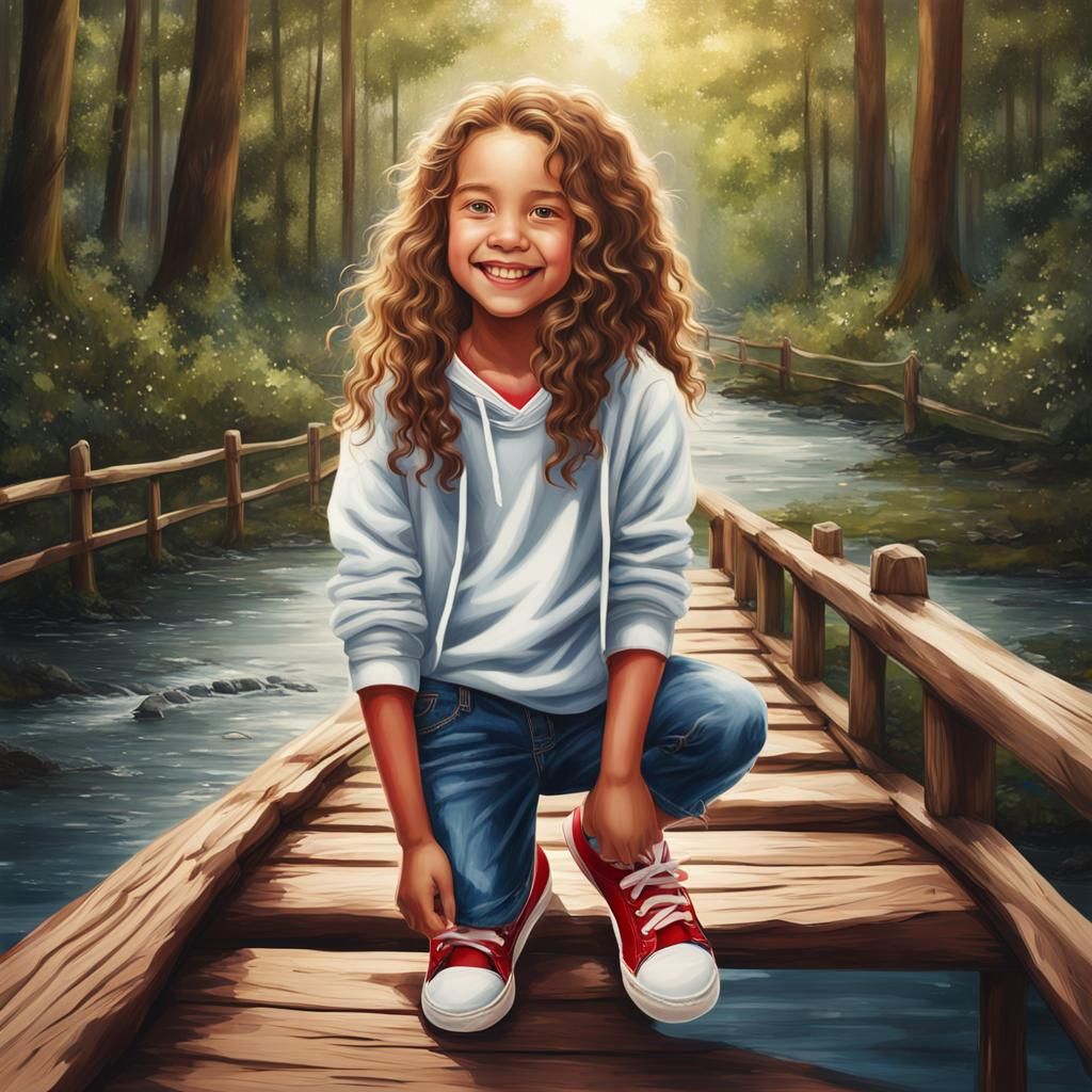 Hyperrealistic Portrait of Smiling Girl on Bridge
