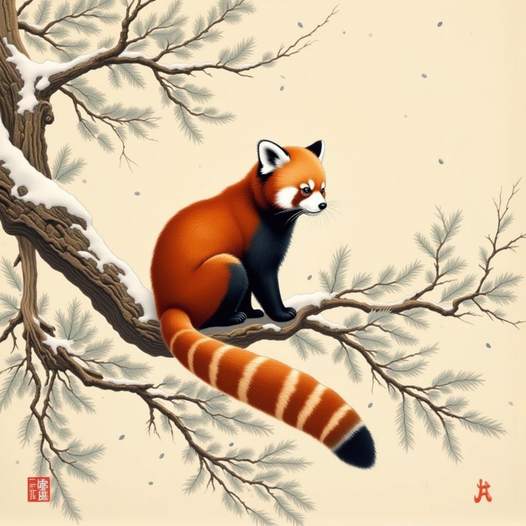 Red Panda on Snow-Covered Branch in Vintage Chinese Ink Styl...