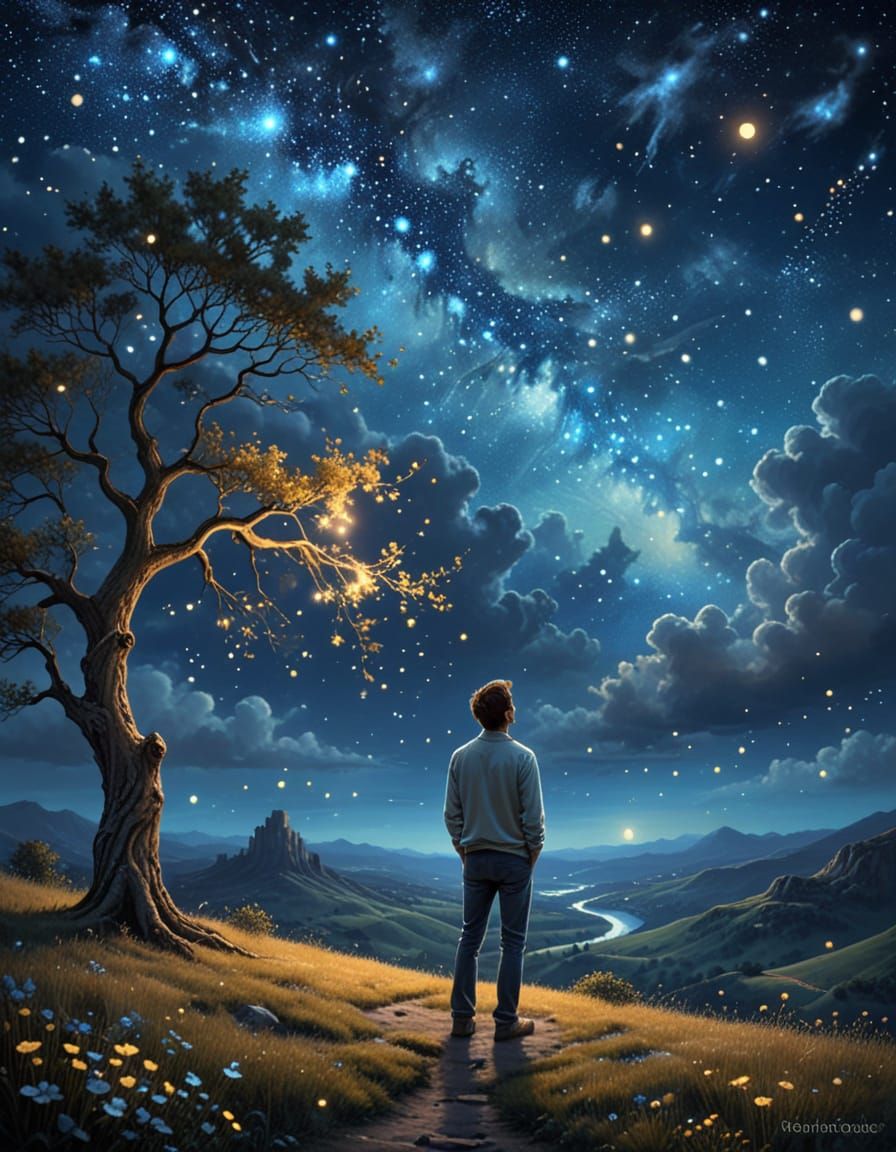 Man Lost in Starry Night Sky with Tender Glow