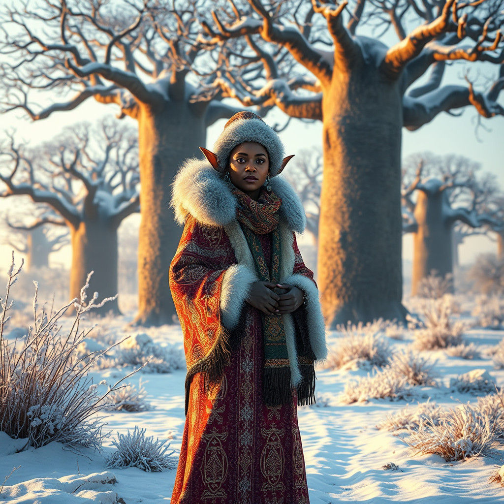 African Elf in Snowy Savannah, Matte Painting