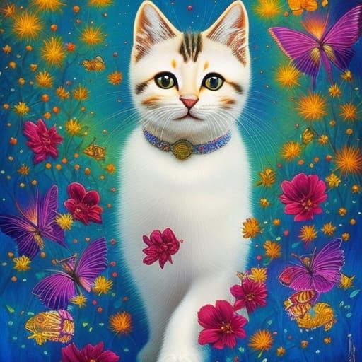 Monochrome Kitten Portrait with Butterflies in Magic Realism...