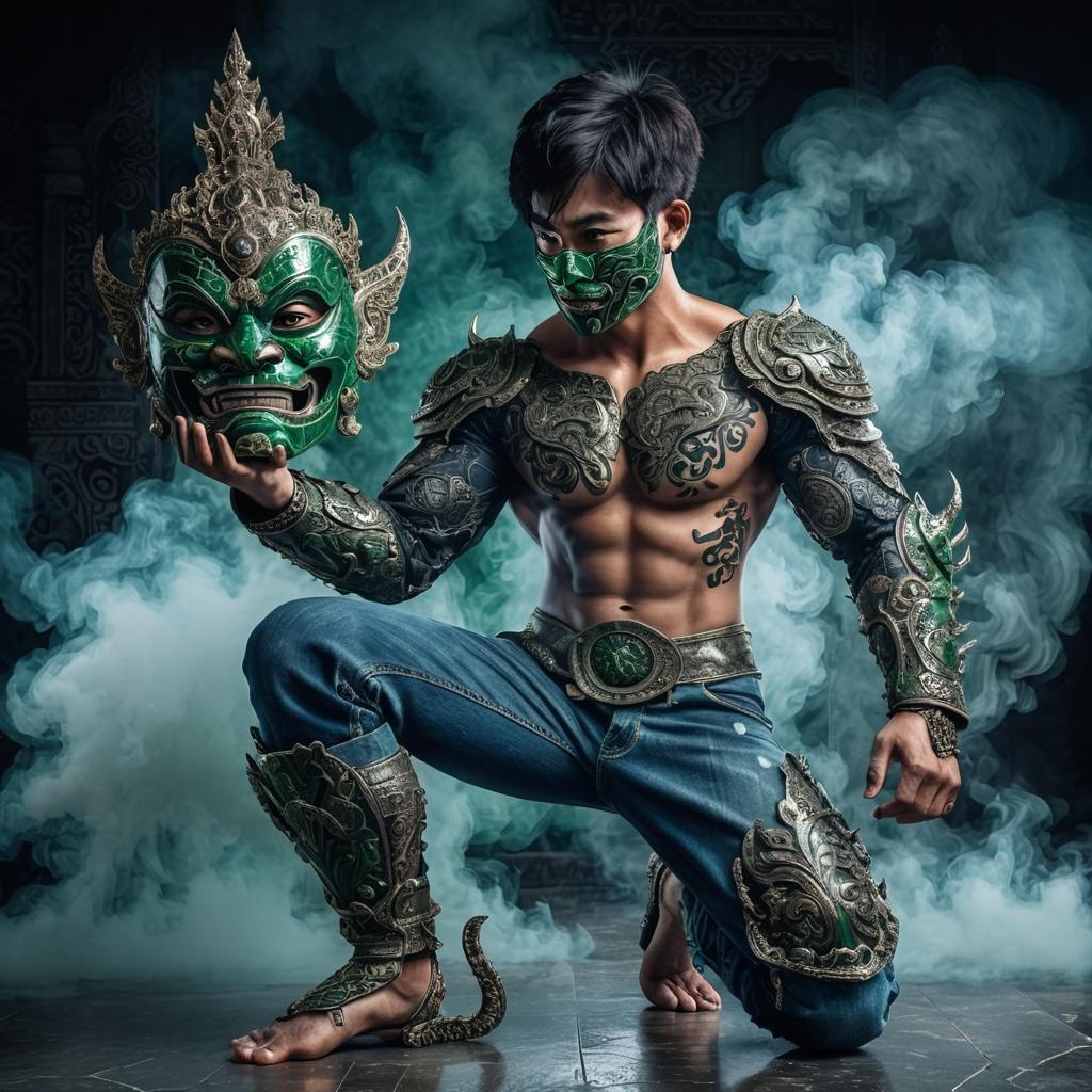 Boy with Mask in Intricate Thai Armor, Cinematic