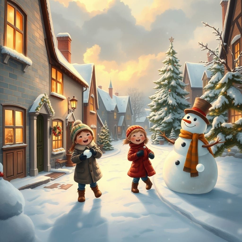 Winter Wonderland Scene with Children Playing in Snowy Villa...