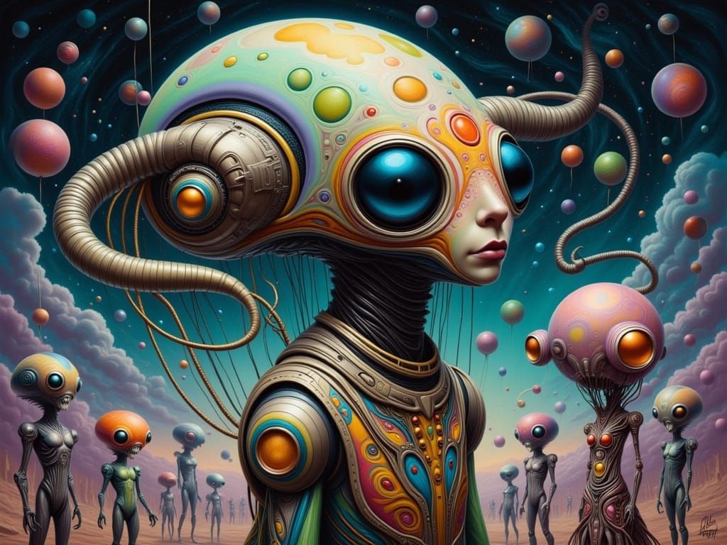 Whimsical Alien Marionette in Sci-Fi Party Scene