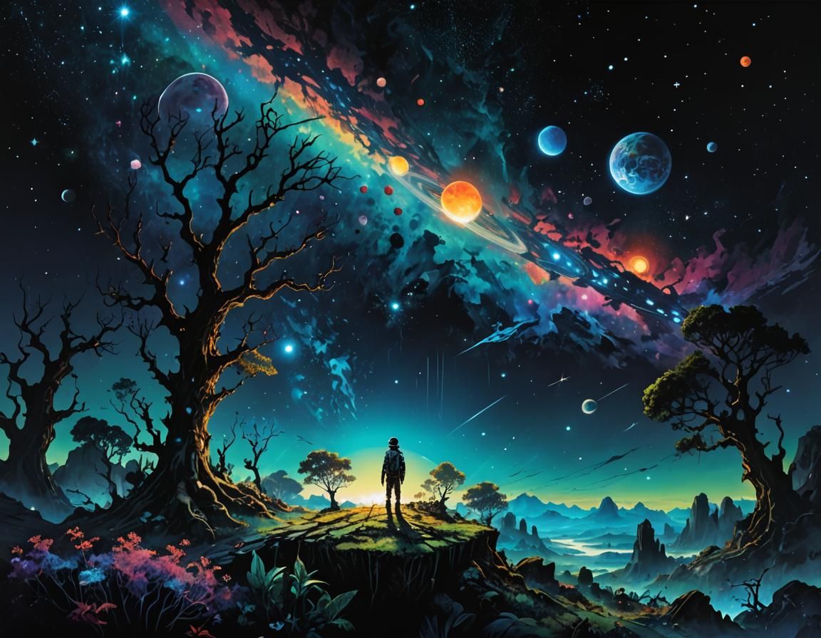 Cosmic Dreamscape: Planets and Bioluminescent Alien World