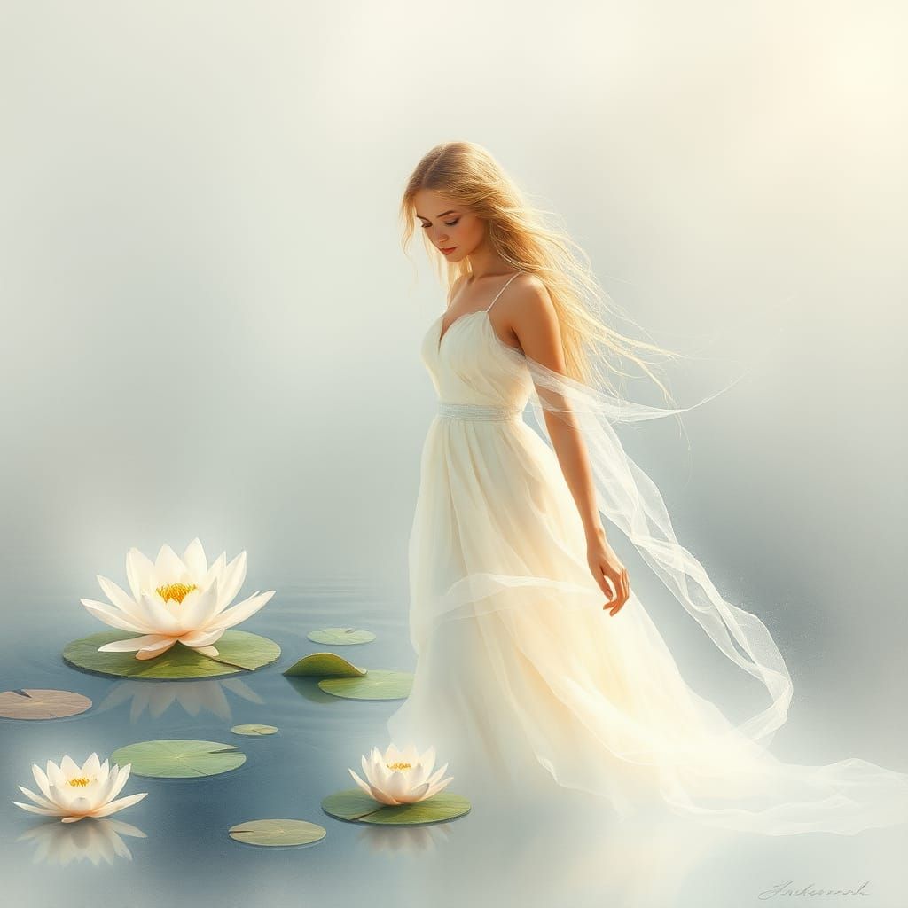 Ethereal Lady Emerges from Misty Lake