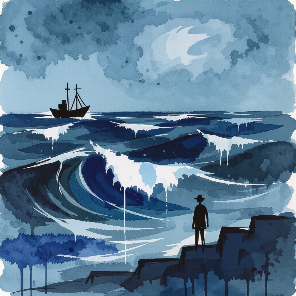 Stormy Seascape in Fluid Ink with Expressive Lines