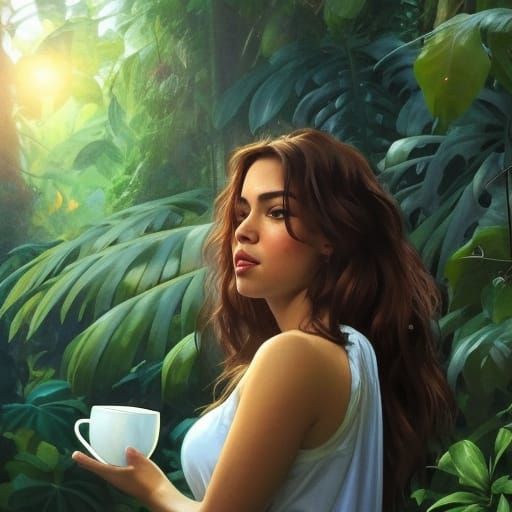 Colombian Woman's Coffee Break in Jungle Sunrise