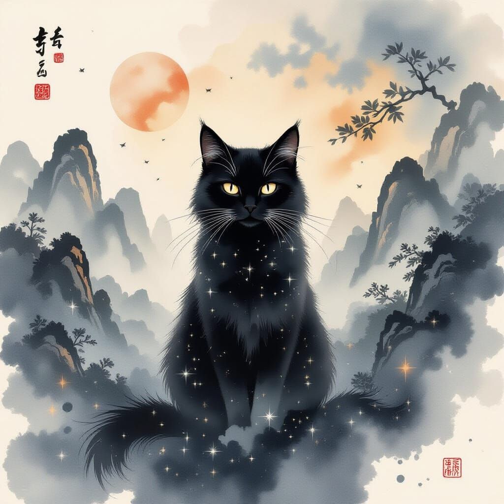 Black Cat Fur Dissolves into Starry Ink Patterns