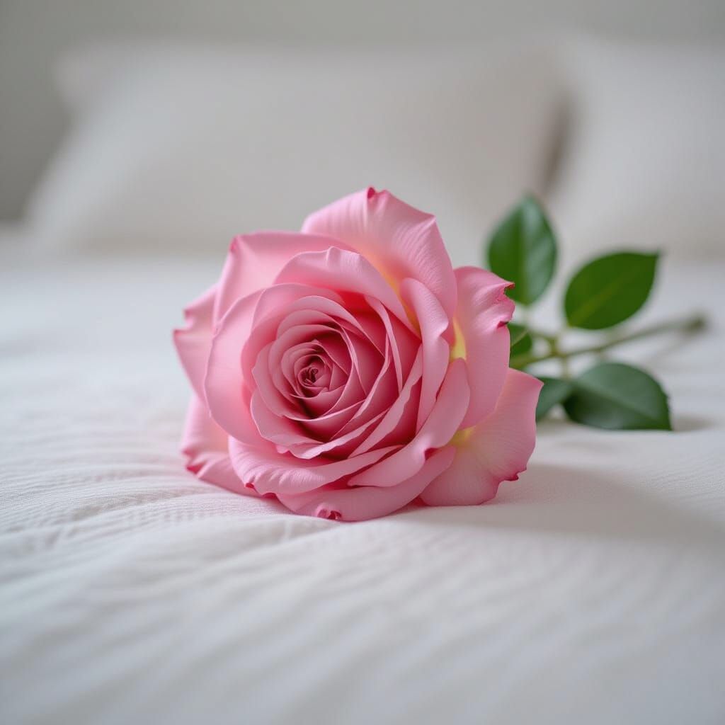 Black and White Photo with Pink Rose on Pillow