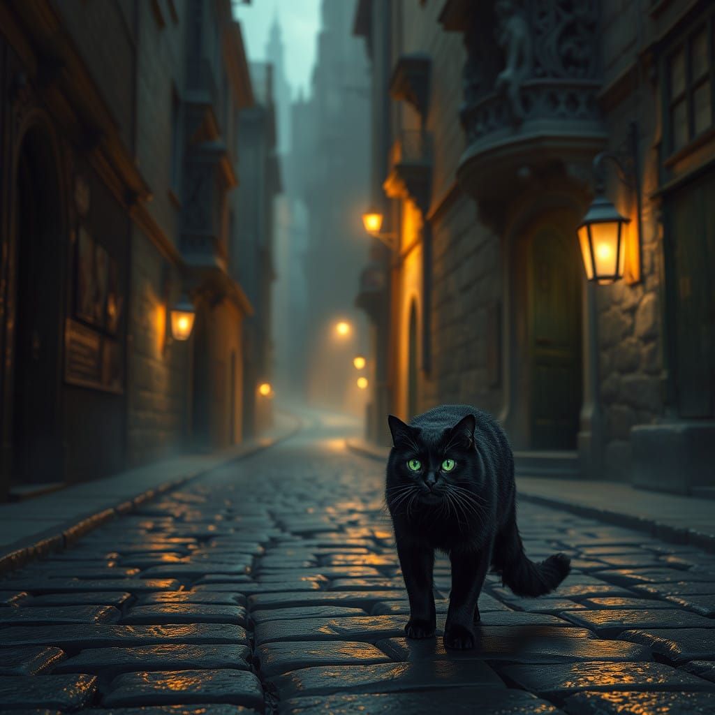 Mysterious Black Cat Strolls Through a Dreamlike Street Scen...
