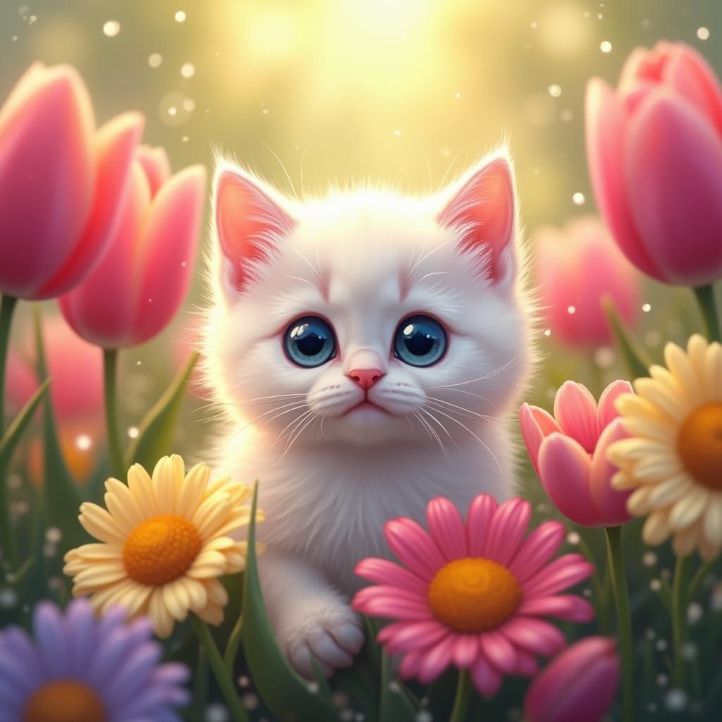 Whimsical White Kitten Amidst Vibrant Floral Blooms in Digit...