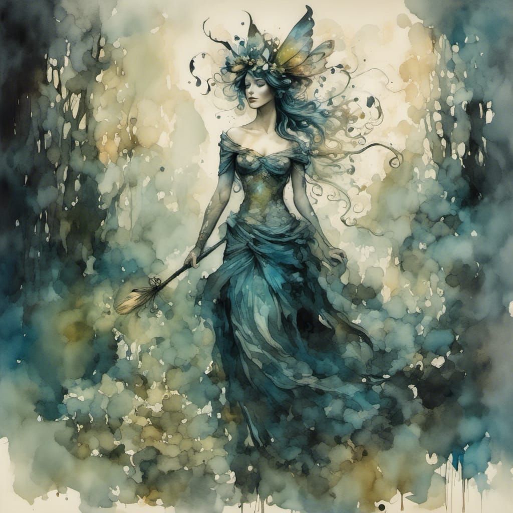 Misty Valley at Night in Klimt Mosaic Style