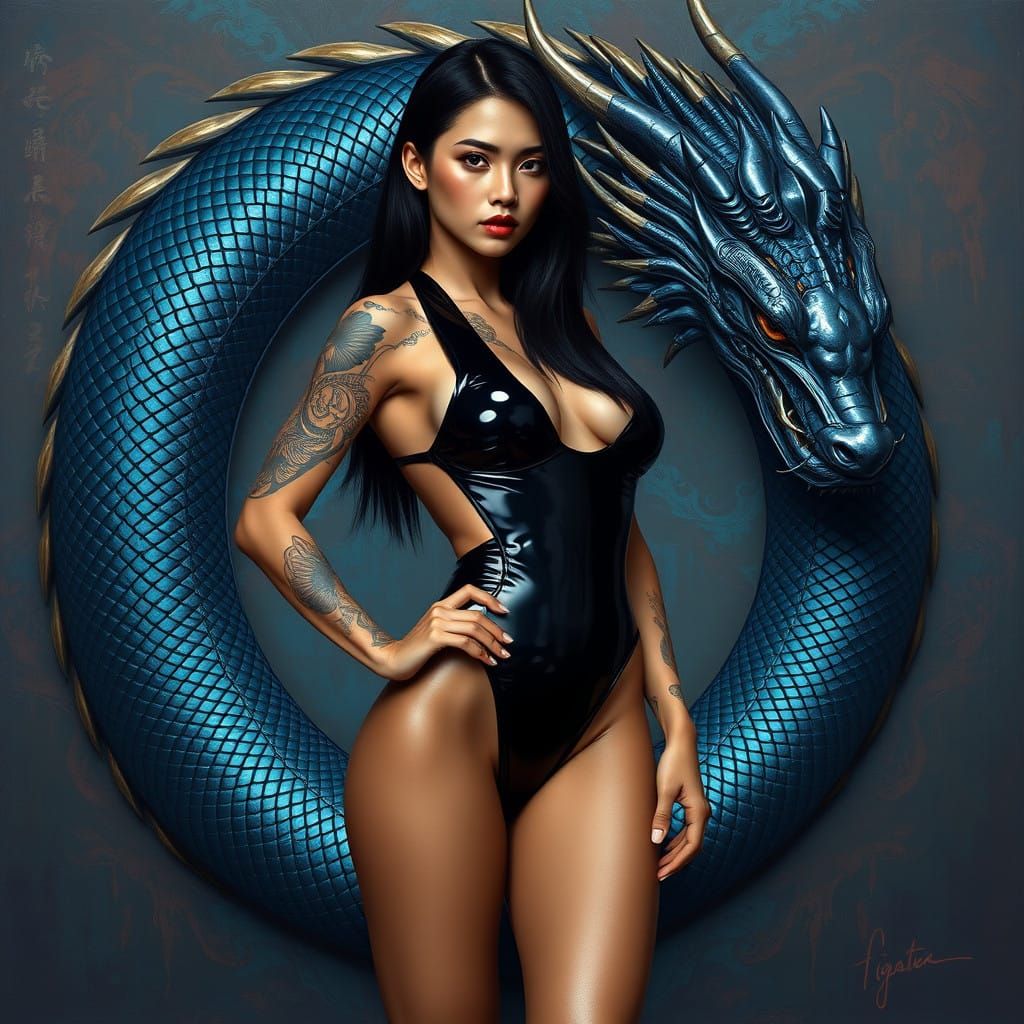 Thai Warrior Woman Standing Confidently with Dark Blue Drago...