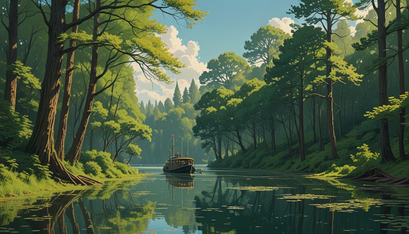 Impressionist Woodland Ferry in Tranquil Lake Landscape
