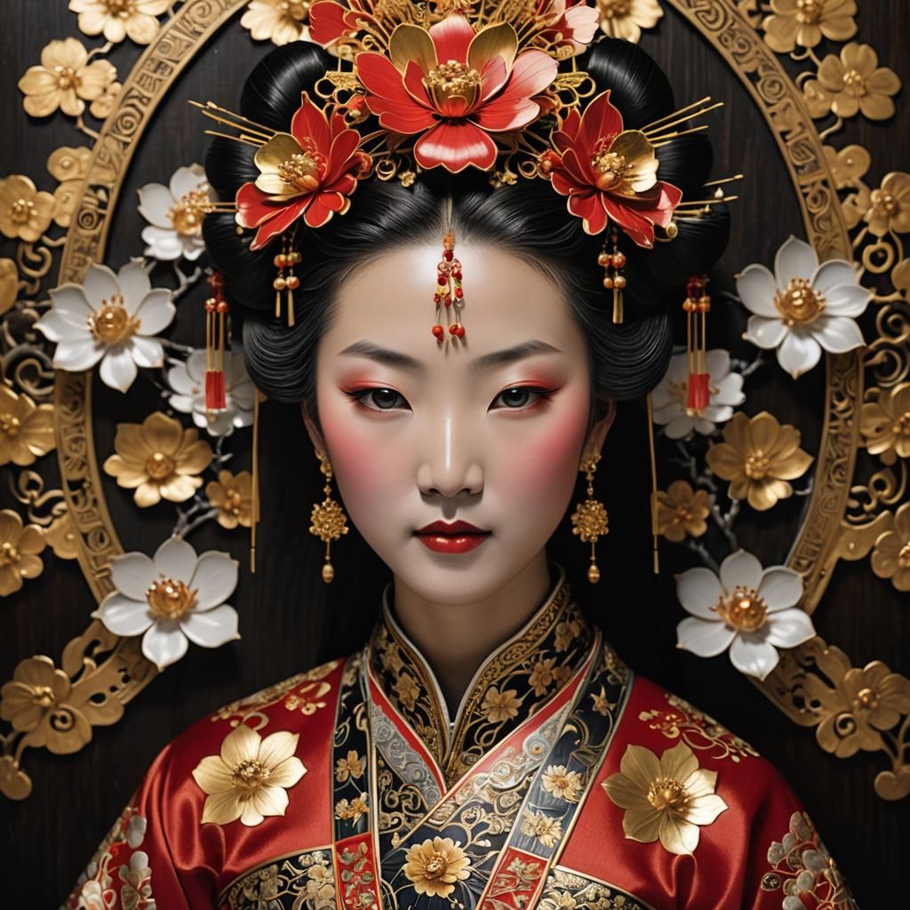 Serene Ming Courtesan in Lacquer Art Portrait