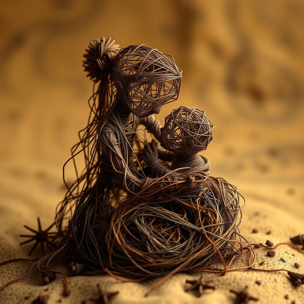 Affectionate String Figure Mother and Baby Illustration