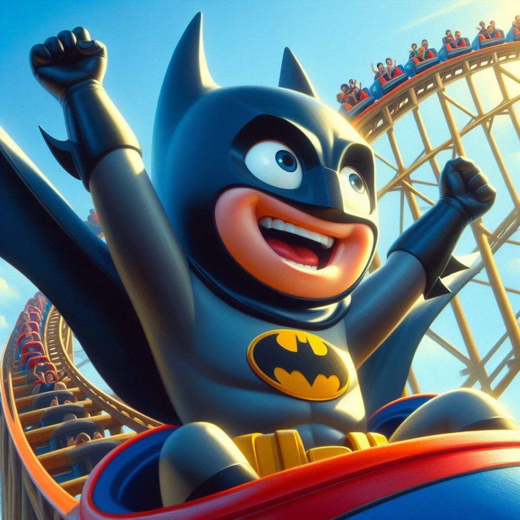 Cartoon Batman Rides a Rollercoaster on Sunny Day