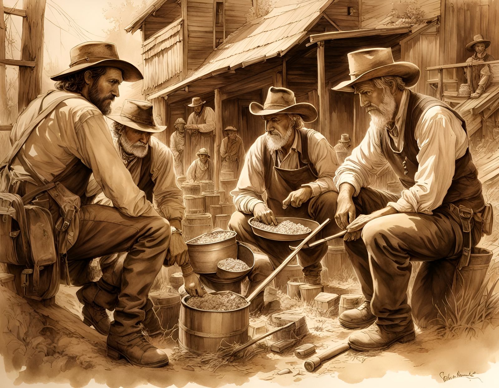 Sepia Watercolor of Gold Prospectors in Western Town