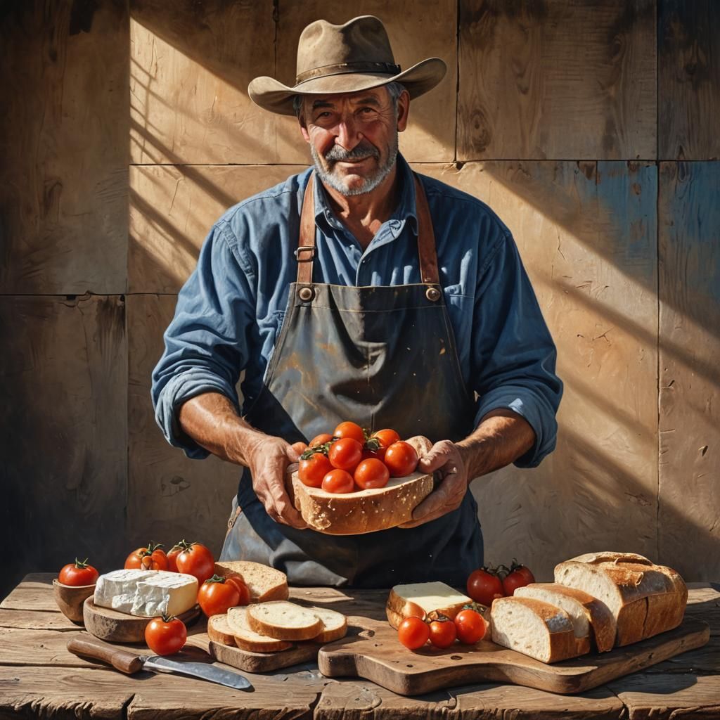 Rustic Farmer with Still Life in Hyperrealistic Painting