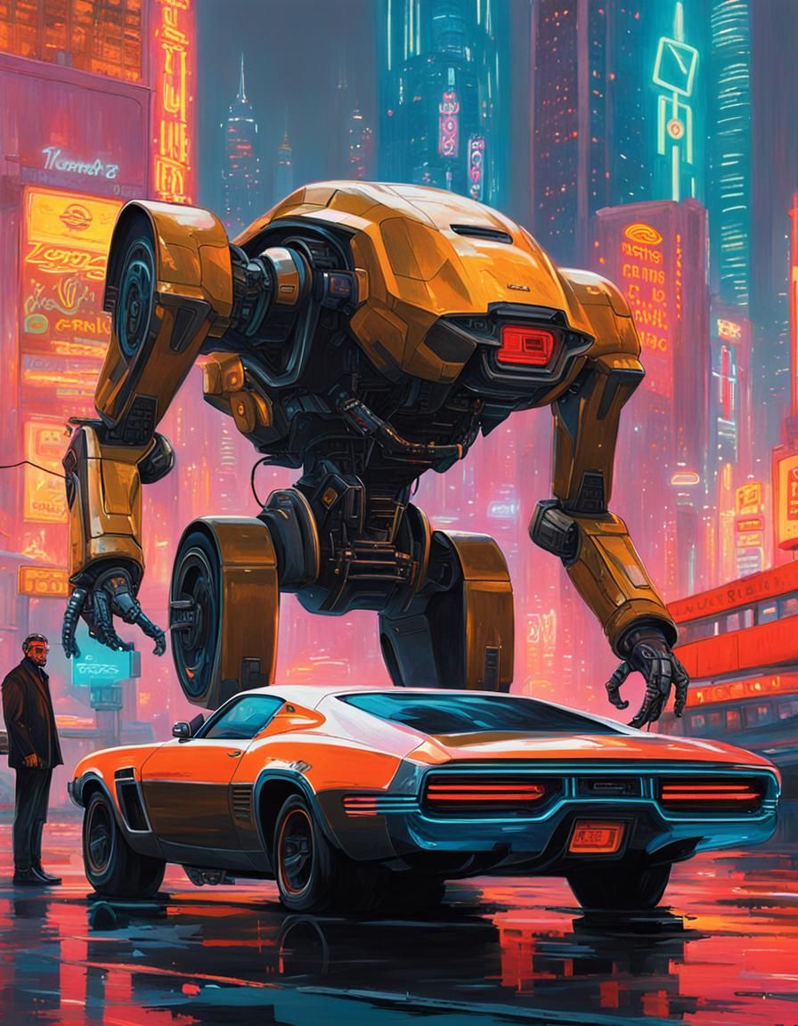 Robot and Car in Cyberpunk Cityscape