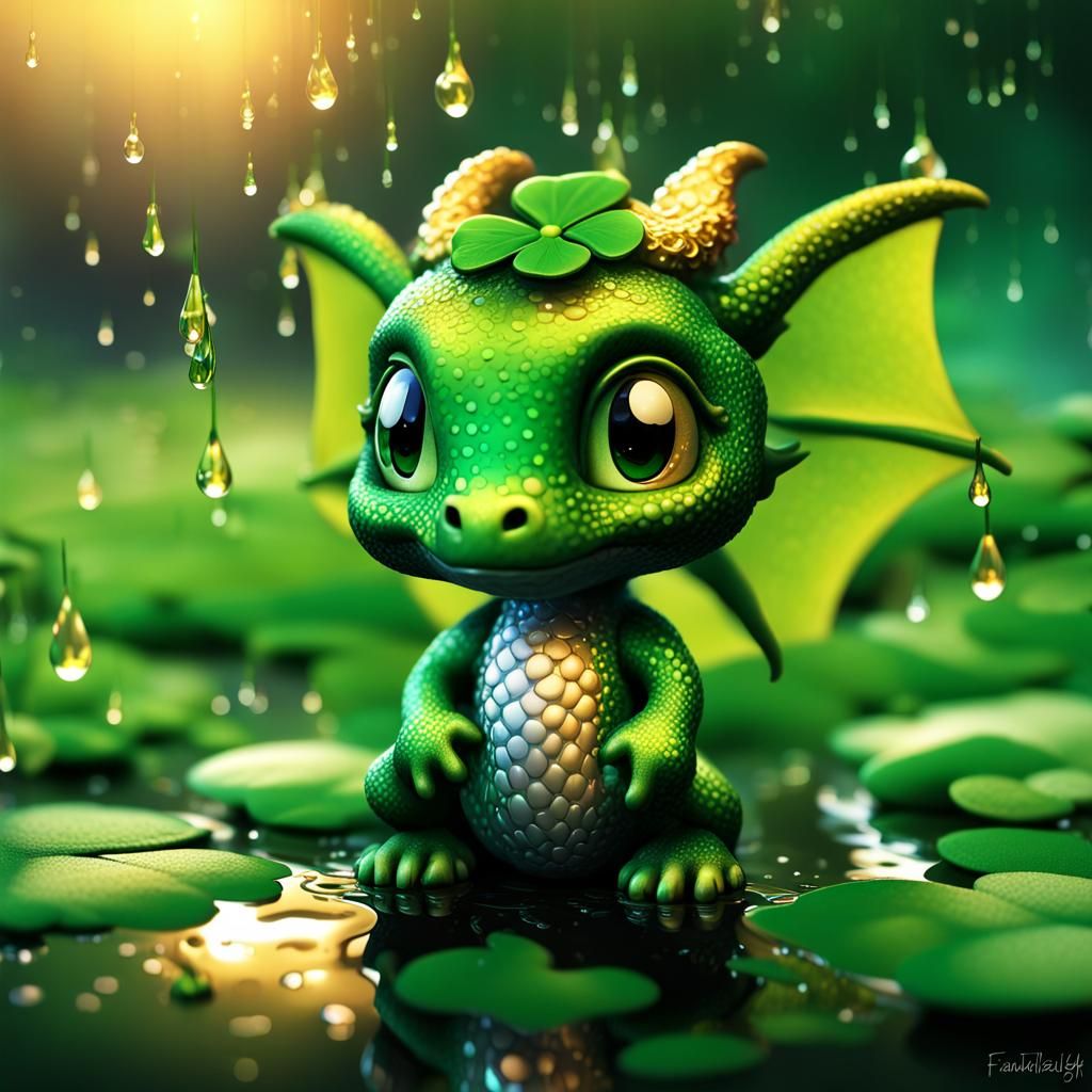 Chibi Dragon Leprechaun Under Clover: 3D Microphotograph