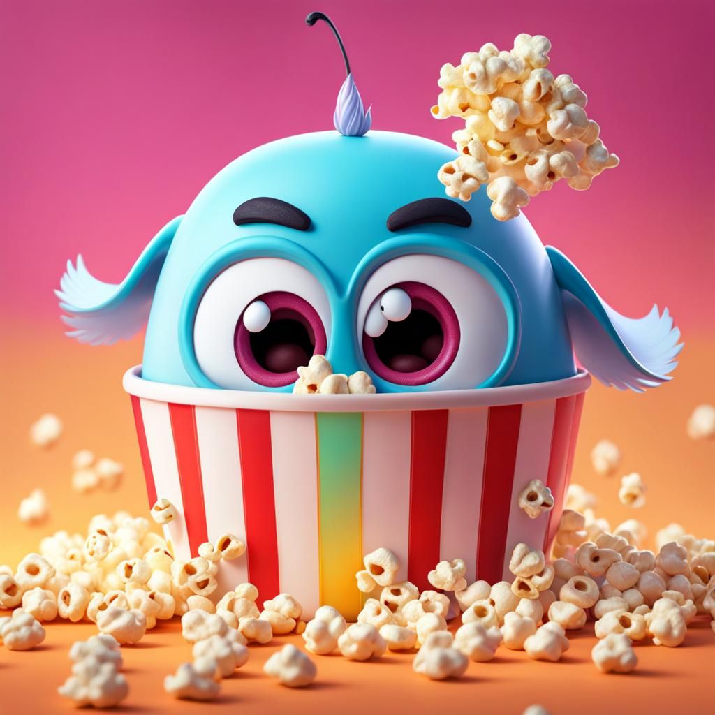 Animated Popcorn Character Eating Sweets, 3D Art