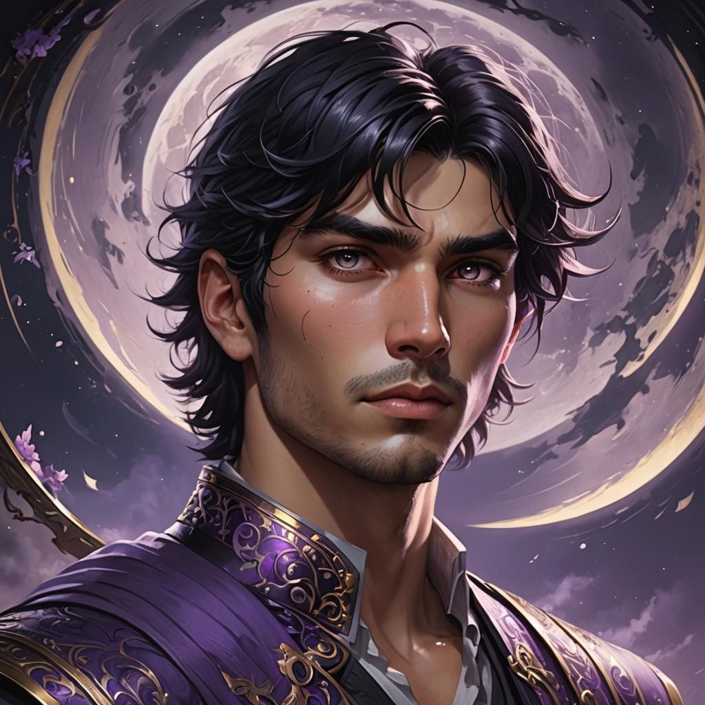 Purple-Eyed Man Portrait with Volumetric Lighting